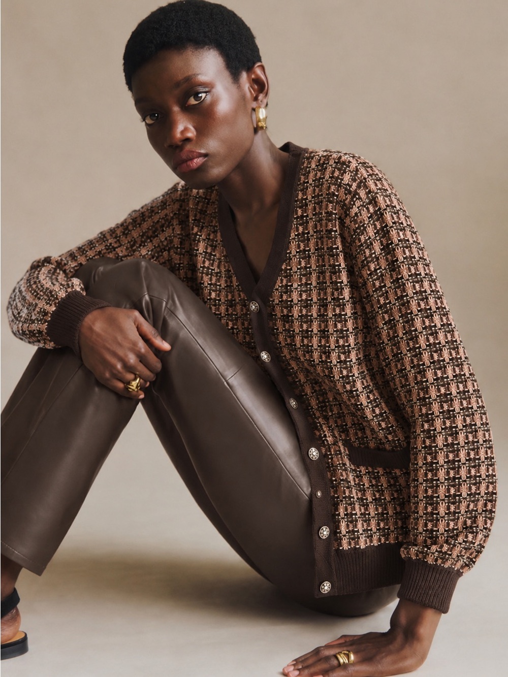 Zara Brown & Cream Tweed Knit Blazer-Style Cardigan